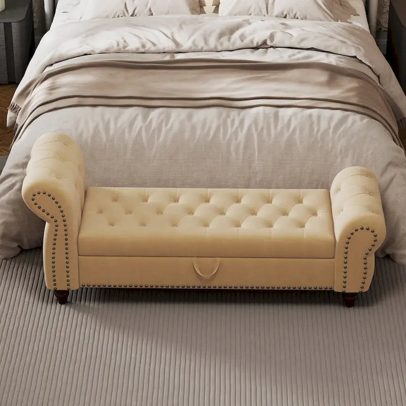 64.5 Bench for Bed Room Nails Tufted Chaise of Lounge with Storage Velvet Upholstery Khaki