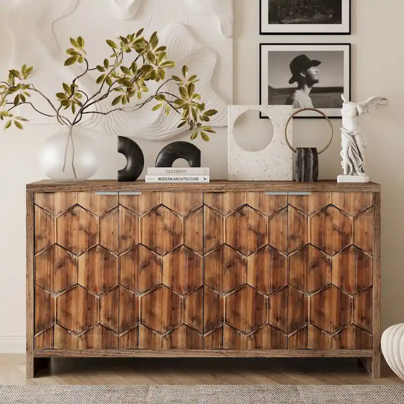 Accent Cabinet Farmhouse Style 4 Door Wooden Cabinet Sideboard Buffet Server Cabinet Storage Cabinet