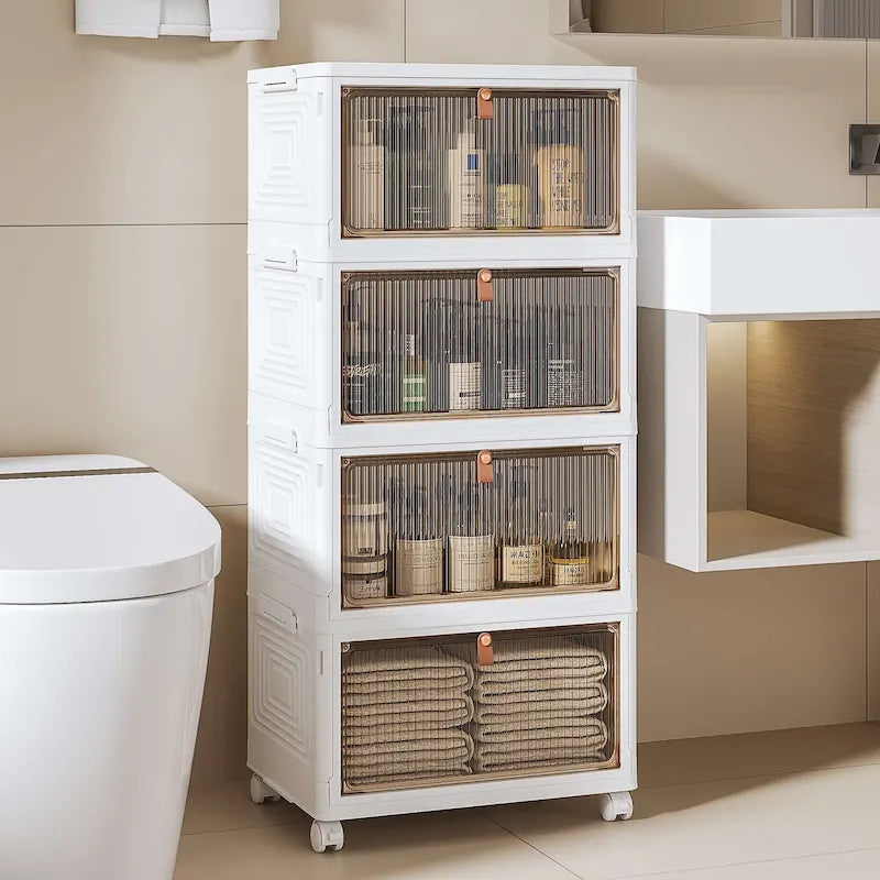 4 Tier Bathroom Storage Cabinet Storage Bins with Lid Stackable Storage Boxes Foldable Storage Organizers
