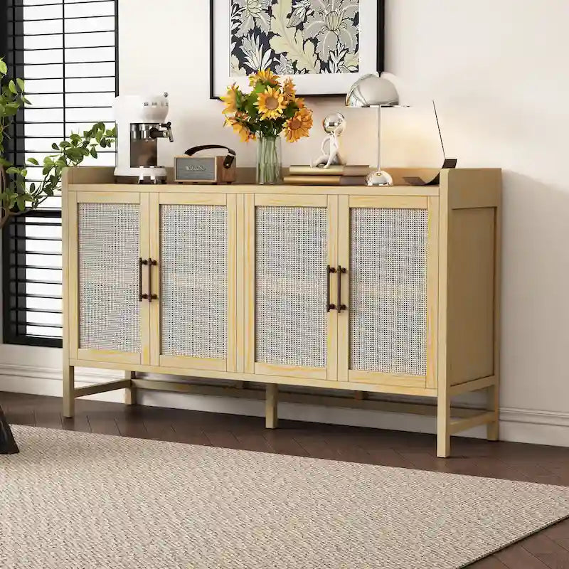 Rustic Sideboard Buffet Cabinet with Decorative Rattan Doors