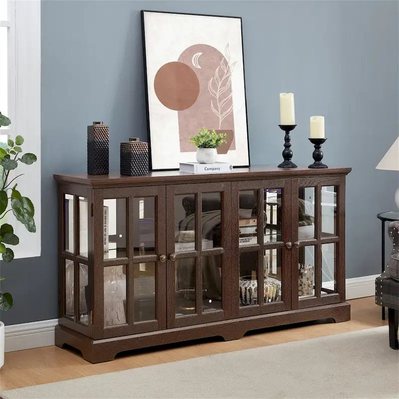 LED Antique Glass Curio Display Cabinet Showcase with 4 Lattice Doors