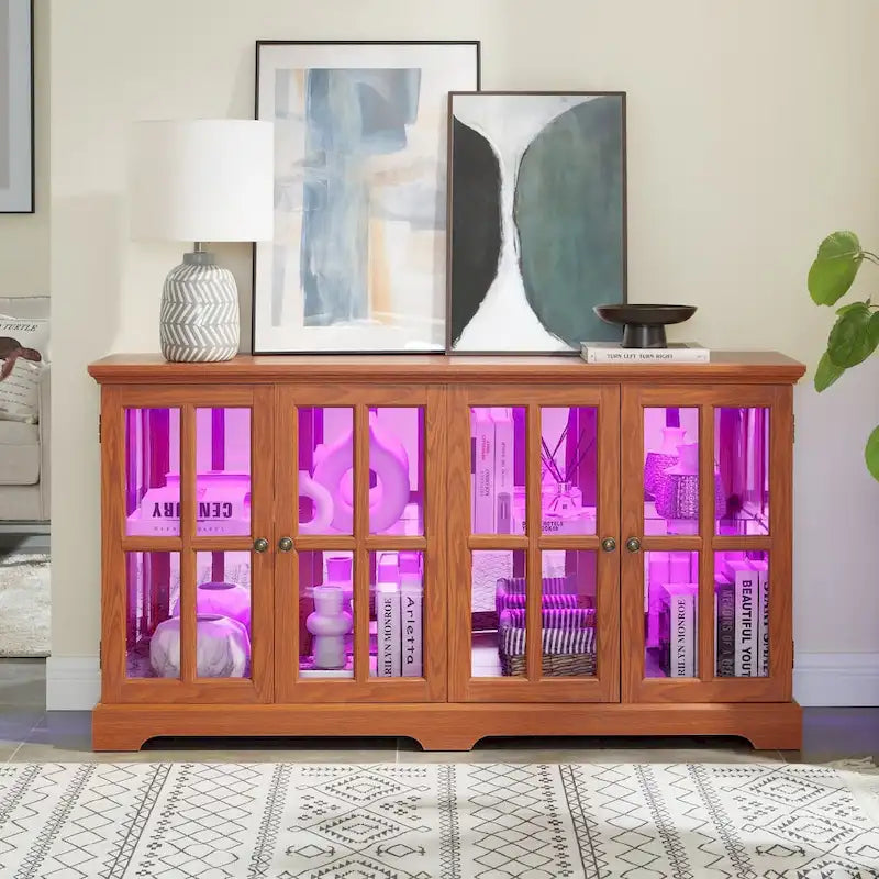 LED Antique Glass Curio Display Cabinet Showcase with 4 Lattice Doors