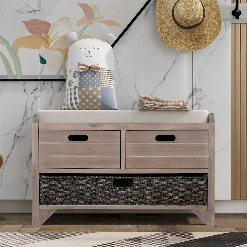 Rustic Storage Bench with Removable Basket and Removable Cushion