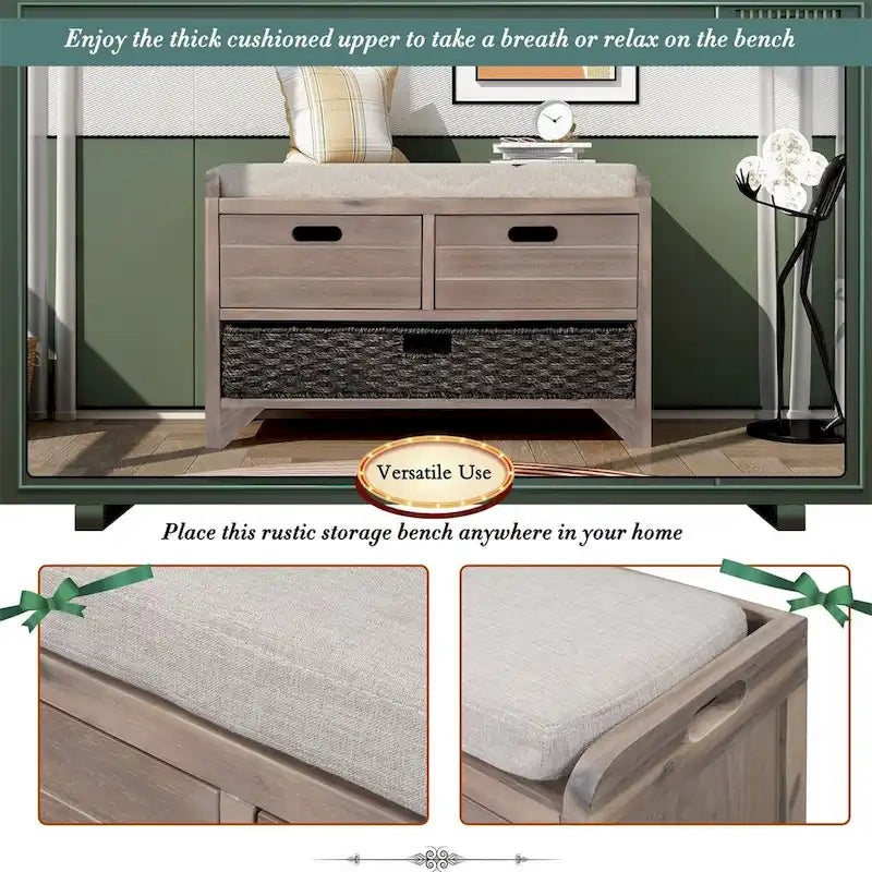 Rustic Storage Bench with Removable Basket and Removable Cushion