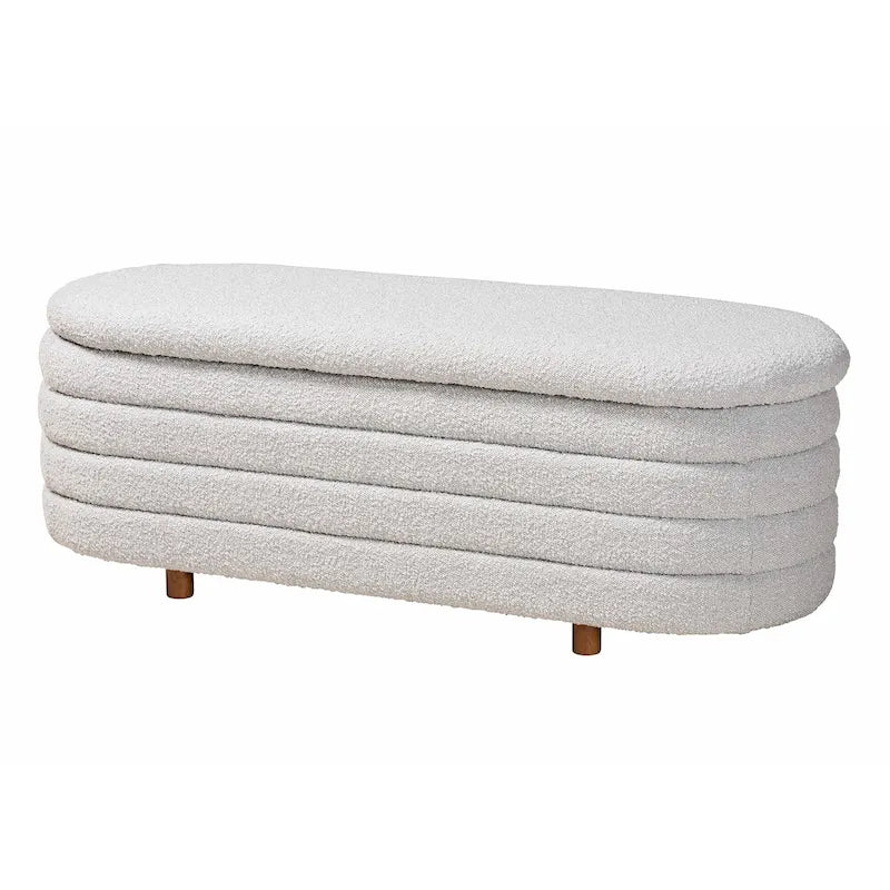 Modern Japandi Cream Boucle Fabric and Walnut Brown Finished Wood Storage Bench