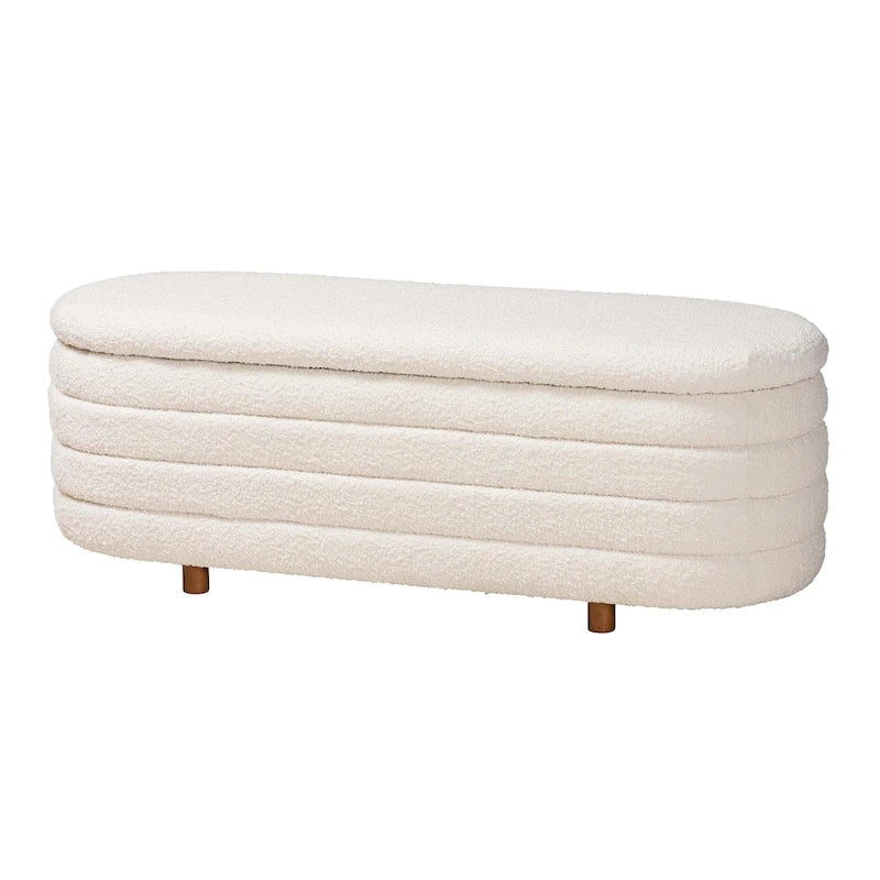 Modern Japandi Cream Boucle Fabric and Walnut Brown Finished Wood Storage Bench