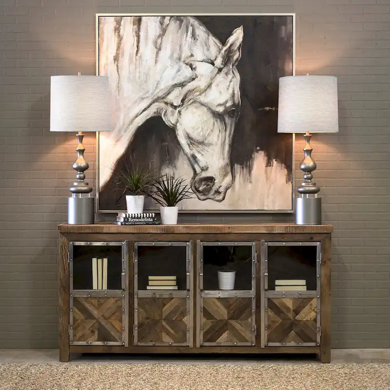 Ayers 4-Door Reclaimed Railroad Tie Wood with Clear Glass Sideboard