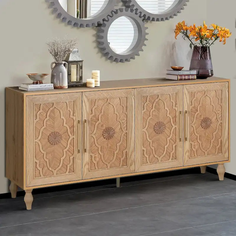 Carved Flower Door Large Storage Cabinet With Metal Handle Suitable For Living Room, Kitchen, Entryway