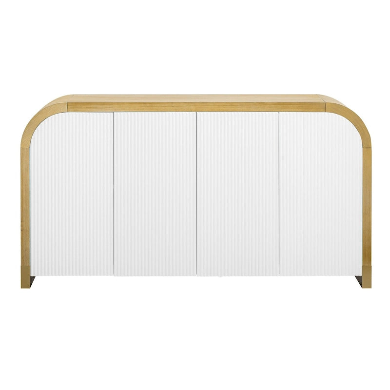 4-drzwiowa zakrzywiona szafka narożna z falistymi panelami drzwiowymi i regulowanymi półkami, odpowiednia do gabinetu, salonu i przedpokoju
