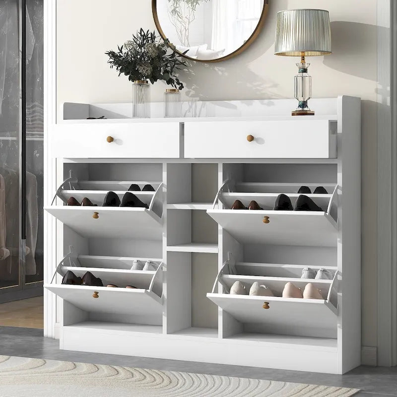 2-Tier Shoe Rack Cabinet with 4 Flip Drawers, White Free Standing Storage Organizer