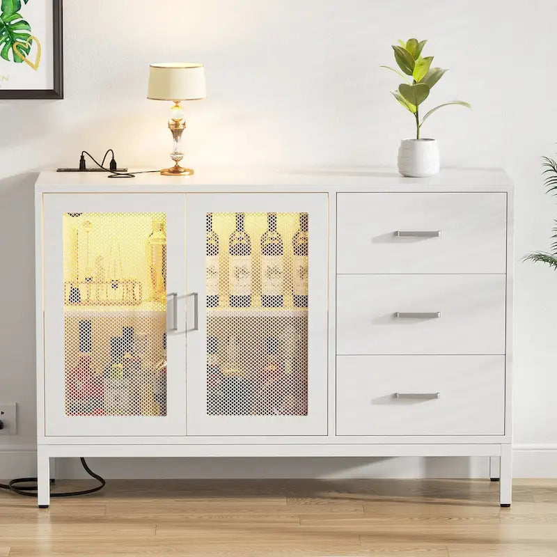 45 W Accent Cabinet with Drawers and Charge Station, Storage Sideboard with LED Light