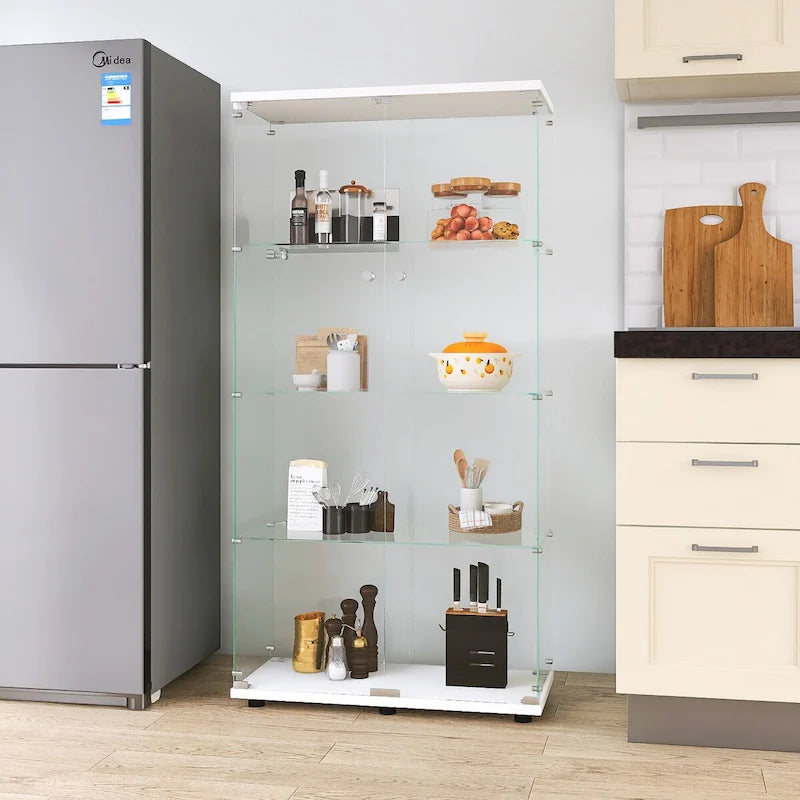 Two-door Glass Display Cabinet 4 Shelves with Door, Floor Standing Curio Bookshelf,64.7*31.7*14.3,Black